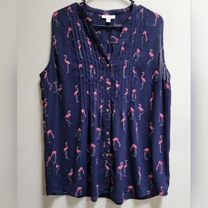 Sleeveless Top Navy Blue with Hot Pink Flamingos XL Button-up Top